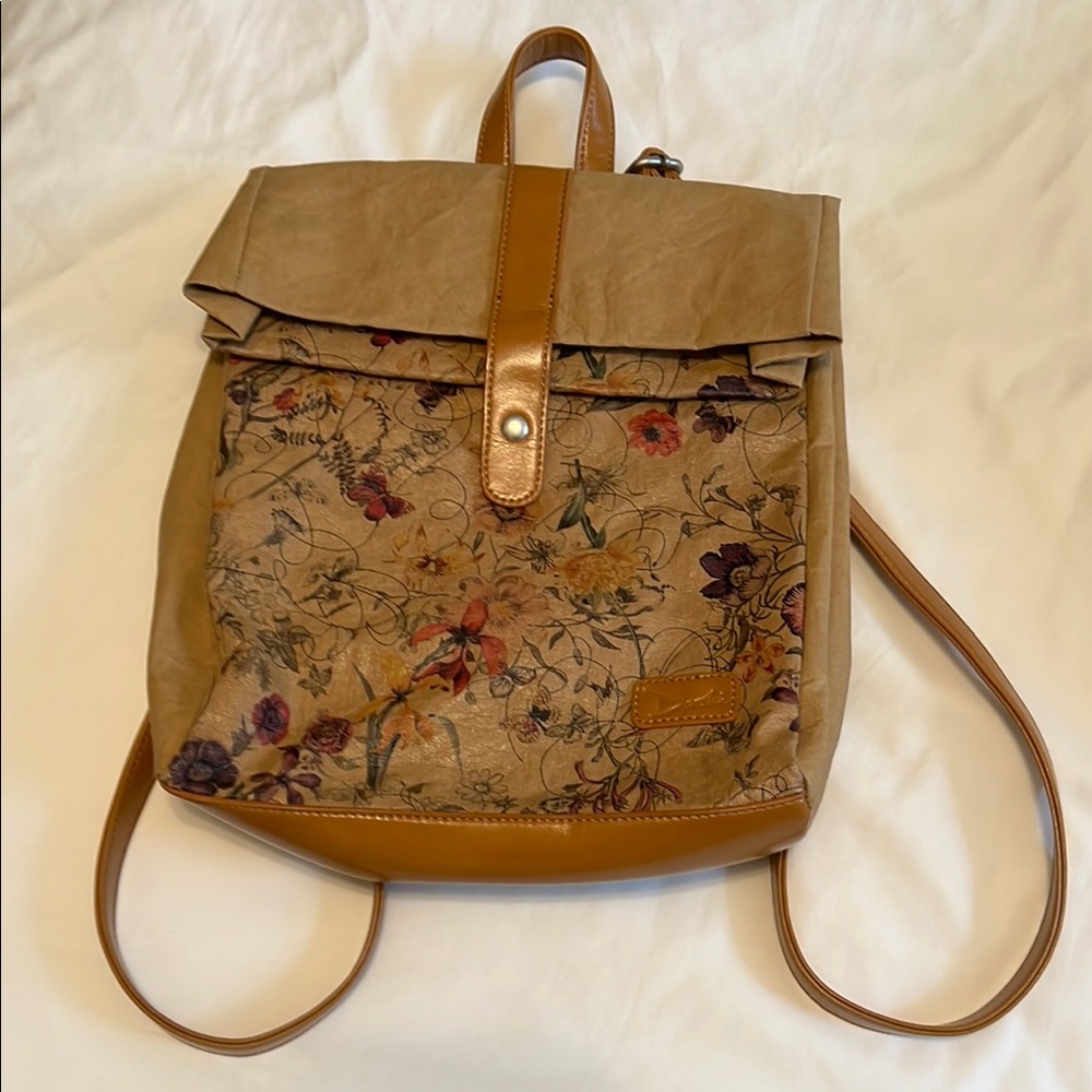 Tan and Brown Floral Backpack with Leather Accents